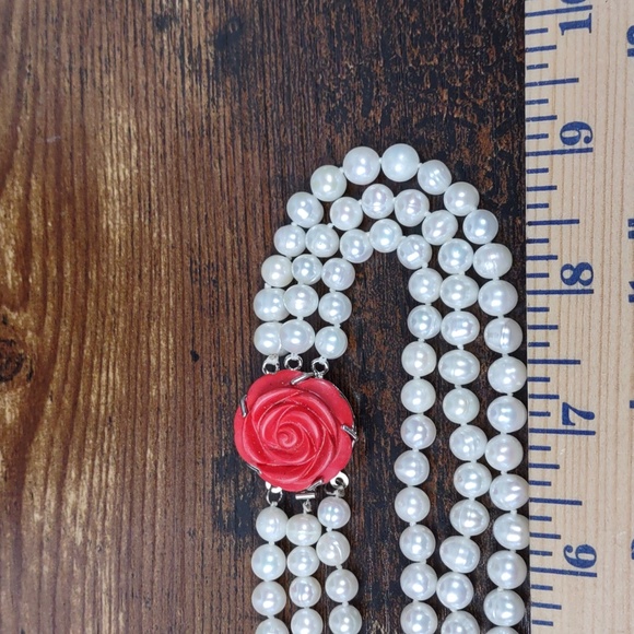 Multi Strand Pearl Necklace w/Coral Flower Clasp - Picture 7 of 8